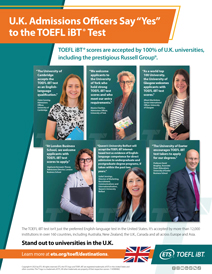周四mbnail image showing a UK admissions flyer. Admissions officers discuss their acceptance of the TOEFL iBT test